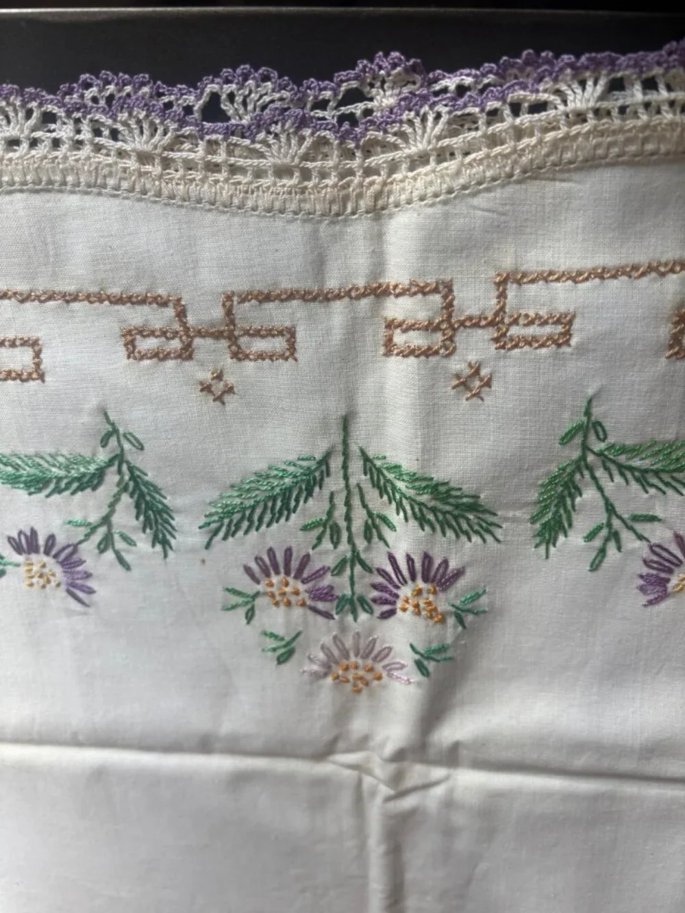 Vintage Hand Embroidered Floral Pillowcase - Purple Daisy Crochet Lace Edge
